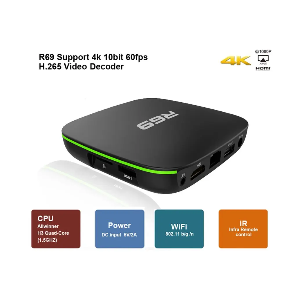 Маленький размер R69 для Android 7,1 Smart tv Box H3 четырехъядерный 2,4G Wifi телеприставка 1080P HD Поддержка 3D фильм