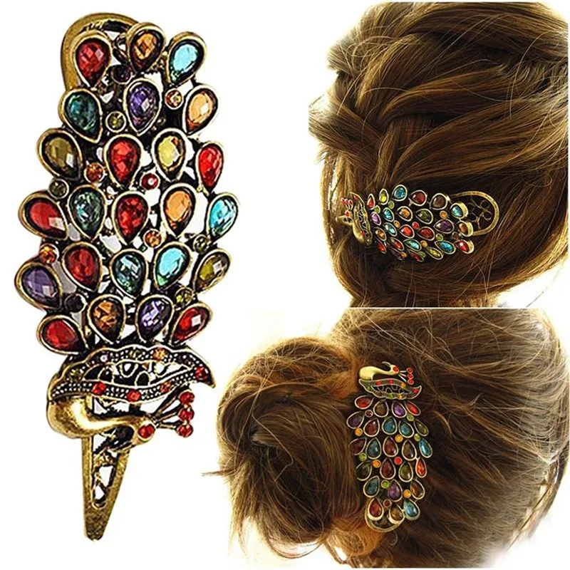 1 Pcs Women's Fashion Crystal Peacock Hairpin Antique Bronze