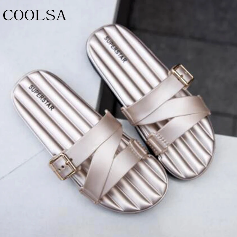 

COOLSA Women's Summer Solid Buckle Slippers Outside PVC Non-slip Beach Slippers Flat Sandals Flip Flops Women Slides Home Shoes