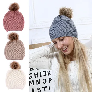 

Fashion Parent-child Knit Hat Baby Kids Girls Boys Winter Warm Pompom baseball Cap