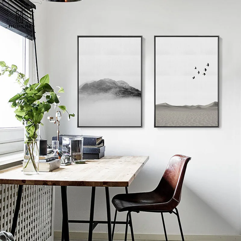 Modern Minimalism Murals Chinese Traditional Watering Paintings Typical Themes of Mountains Birds Canvas Posters For Home Decor