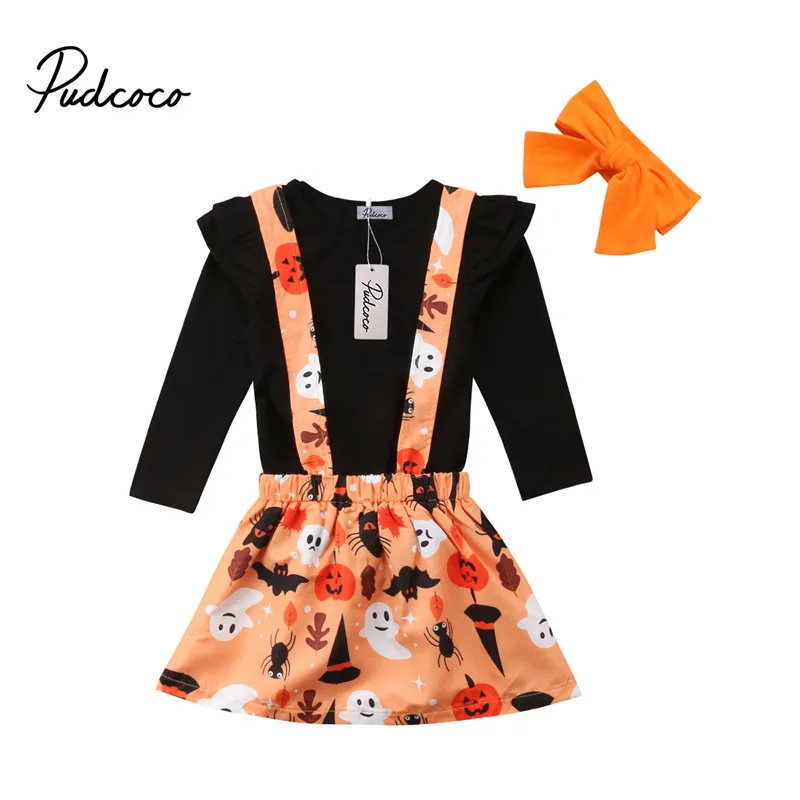 

pudcoco 1-5T 3Pcs Kids Baby Girl Halloween Outfits clothes set Fashion Girls black t shirt Tops+strap dress fashion clothing set