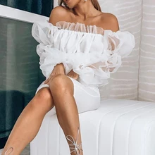 WHOSONG Sexy Slash Neck Perspective Blouse Shirt Elegant Lantern Sleeve White Blouse Female Casual Summer High Waist Shirt Tops blouse 1207041 02