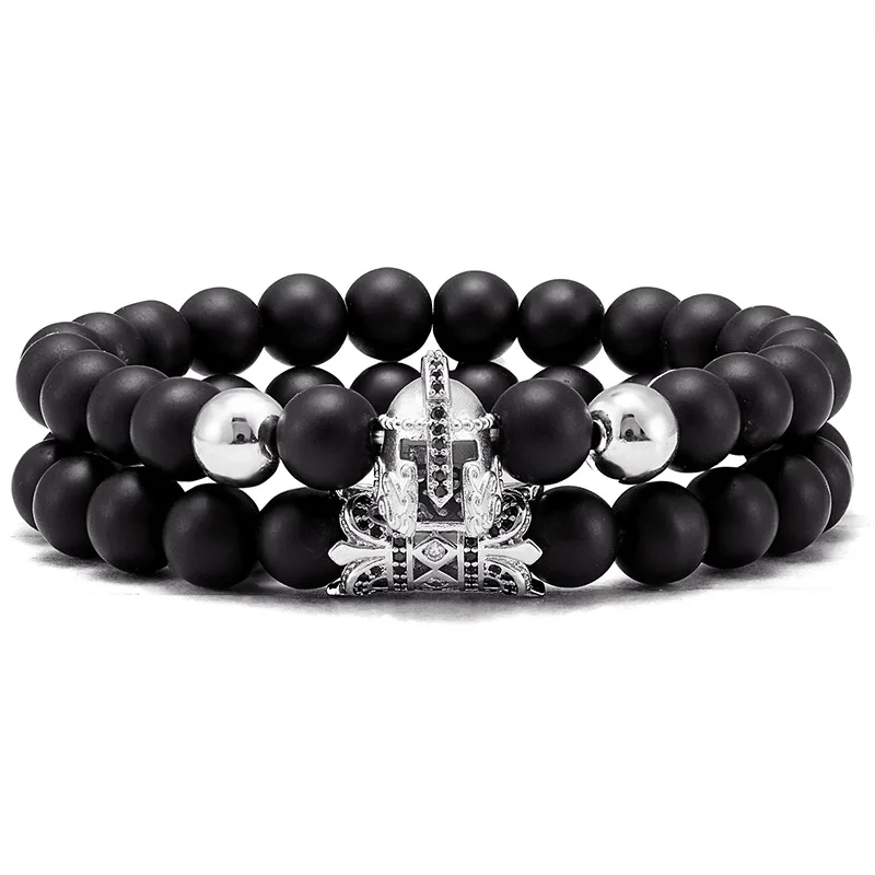 

2 piece set / high quality natural stone bracelet charm men Roman Knight Spartan warrior gladiator helmet bracelet jewelry gift