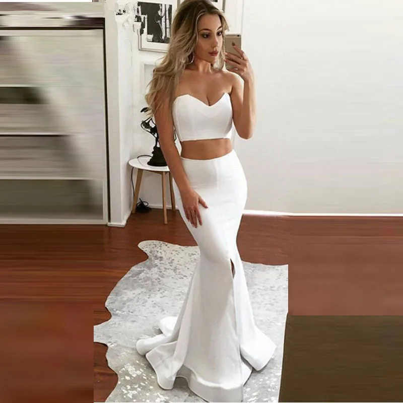 

Sweetheart Two Pieces Evening Dress Long 2019 Formal Dress Women Elegant Satin Side Slit Evening Gown Vestido De Festa