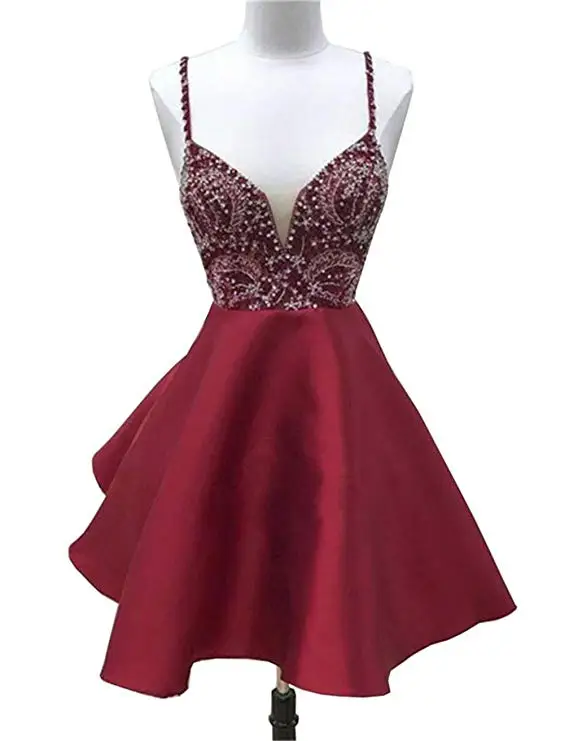 

2019 Spaghetti Straps Zipper Bodice Rhinestones Beads Short Satin Prom Dress Vestidos De Festa