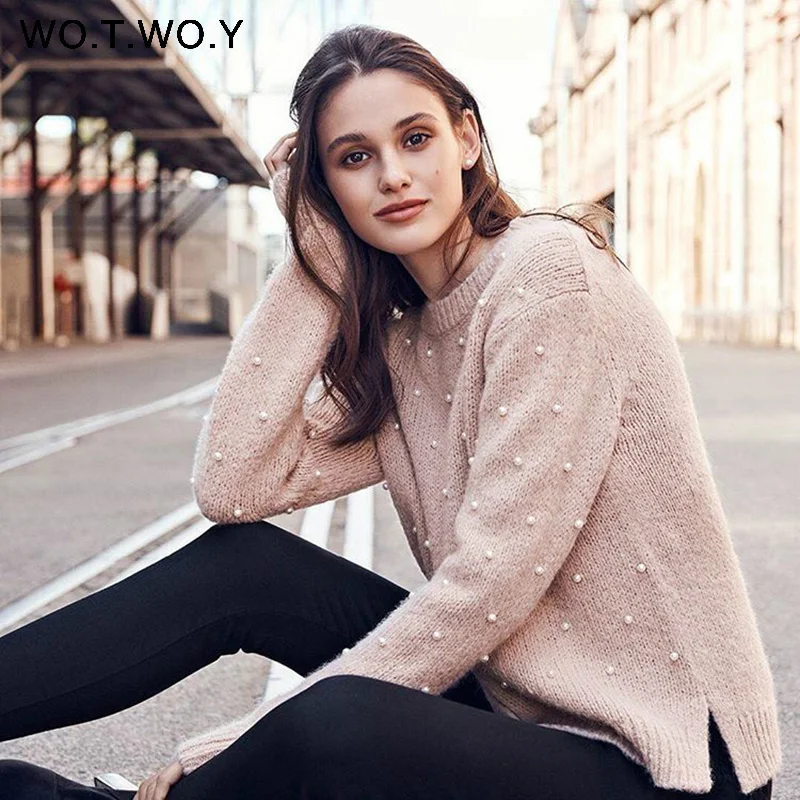 WOTWOY Pearl Beading Cashmere Sweater Women Pullover Knitted Long Sleeve Autumn Winter Sweaters Women Knit Top Femme Jumper 2018 Sweaters