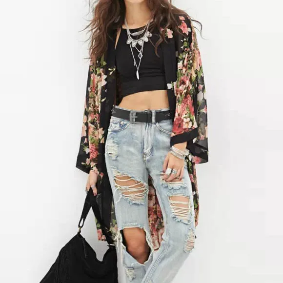 2017 Fashion New Floral Print Chiffon Printed Long Sleeved Womens Top Blouses Maxi Kimono Cardigan
