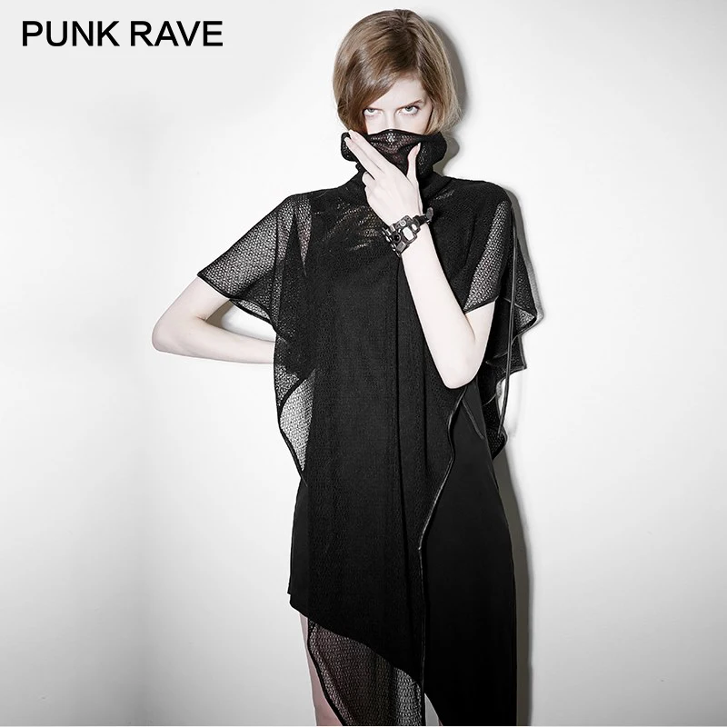 

PUNK RAVE Rock Asymmetrical Hem Black Sleeveless Dress Midi Length Mesh Shawl Women Punk Casual Dresses Goth Evening Party Club