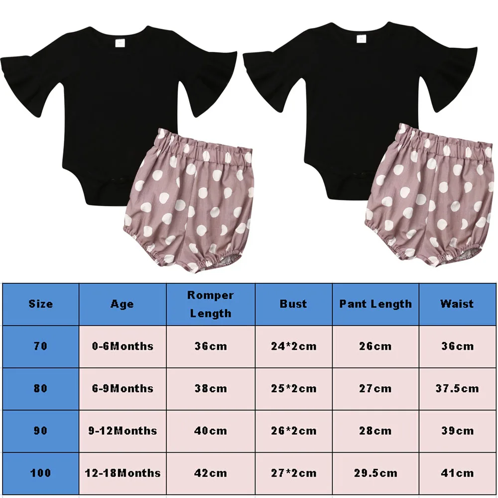 Хлопковое боди с расклешенными рукавами для новорожденных девочек от 0 до 18 месяцев, топы, шаровары в горошек, шорты комплект летней одежды из 2 предметов