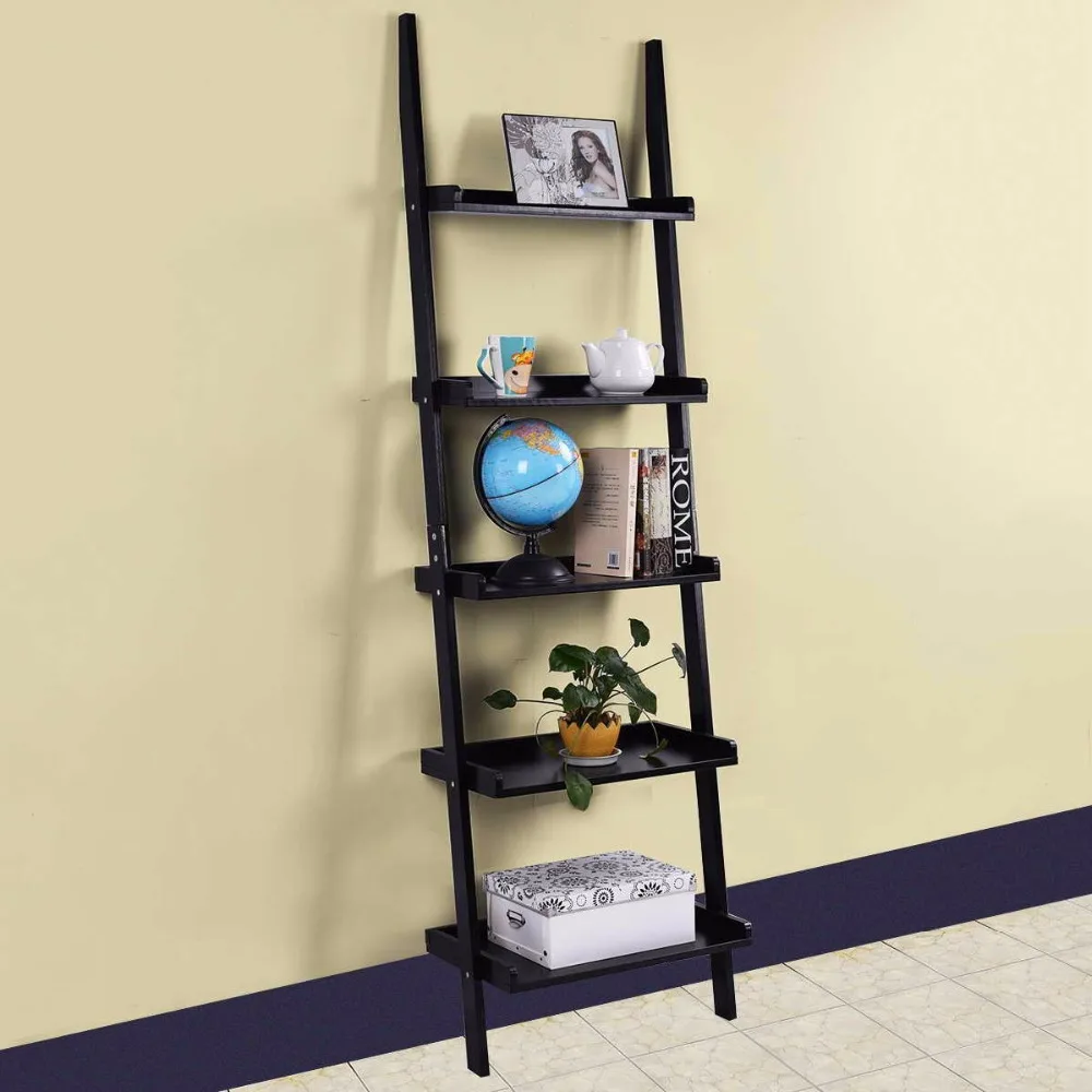 buy Goplus White 5 Tier Bookcase Bookshelf Leaning Wall Pants Shelf Ladder Storage Display Furniture Home Wall Cabinet HW51811