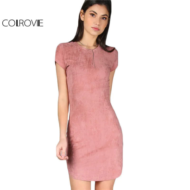 Buy Cheap COLROVIE Brief Summer Dress Women Pink Short Sleeve Curved Hem Sexy Bodycon Mini Dresses 2017 New Slim O Neck Elegant Dress