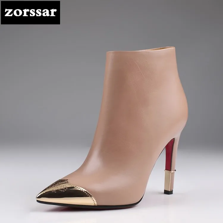 

{Zorssar} winter shoes women High heel ankle boots 2018 Genuine Leather Pointed Toe High Heels Women Boots Ladies shoes Big Size