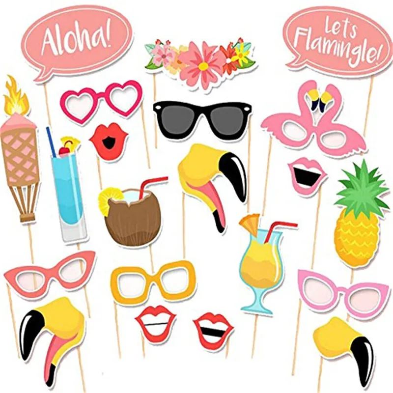 

20PCS Flamingo Tropical Summer Hen Photo Booth Props Stick Birthday Beach Party Decor Paper Crafts Event MASK Party FUN Supplies