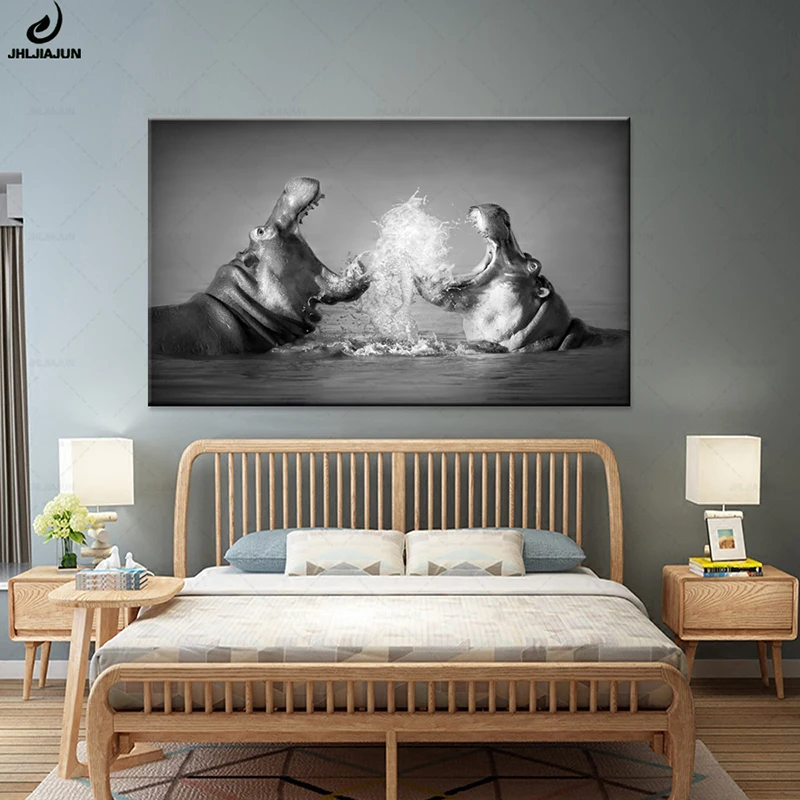 Close-up Battle Between Two Hippos Black White Canvas Wall Art Poster