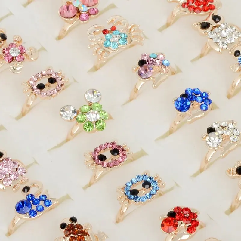 10 шт., разноцветные Регулируемые кольца с цветами и кристаллами в виде животных, вечерние кольца для маленьких девочек, модные ювелирные изделия