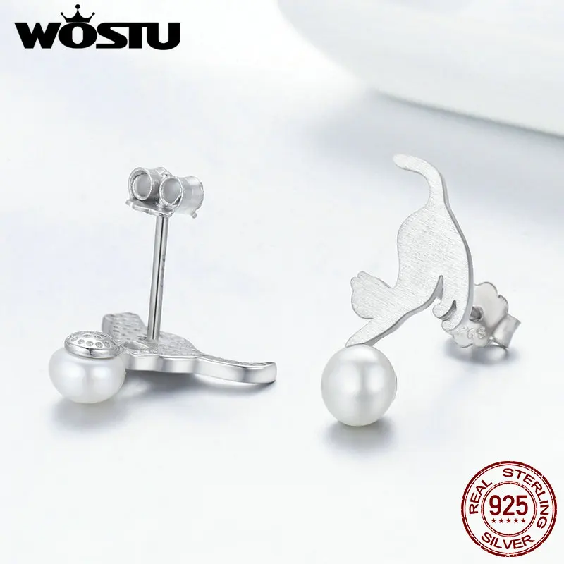 Женские серьги пусеты WOSTU из серебра 925 пробы и пресноводного жемчуга с милым