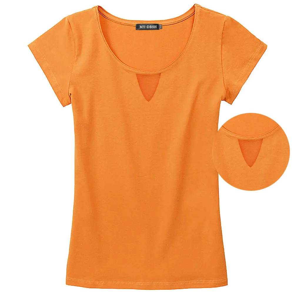 Женские летние футболки, повседневные облегающие футболки с коротким рукавом, сексуальная хлопковая Футболка с круглым вырезом, женские топы размера плюс S~ 5XL - Цвет: O neck Orange