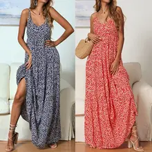 Womens Ladies Summer Holiday Strappy Floral V-neck Beach Long Maxi Floor Length Dress floral long sleeves v neckline womens maxi dress