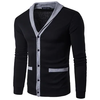

Spring and autumn new men's urban fashion neckline V-neck placket double pocket colorblock cardigan sweater