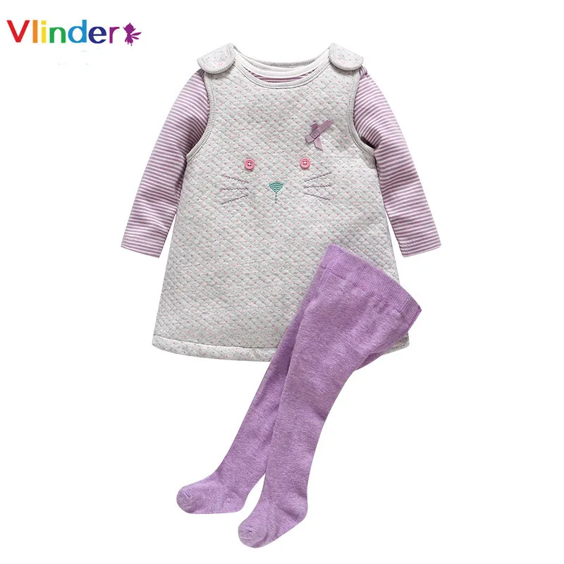 Vlinder/Новинка г., комплект для малышей из 3 предметов, весенне-осенняя одежда для маленьких девочек полосатый комбинезон с длинными рукавами, жилет с рисунком кота плотные детские колготки - Цвет: Purple cat