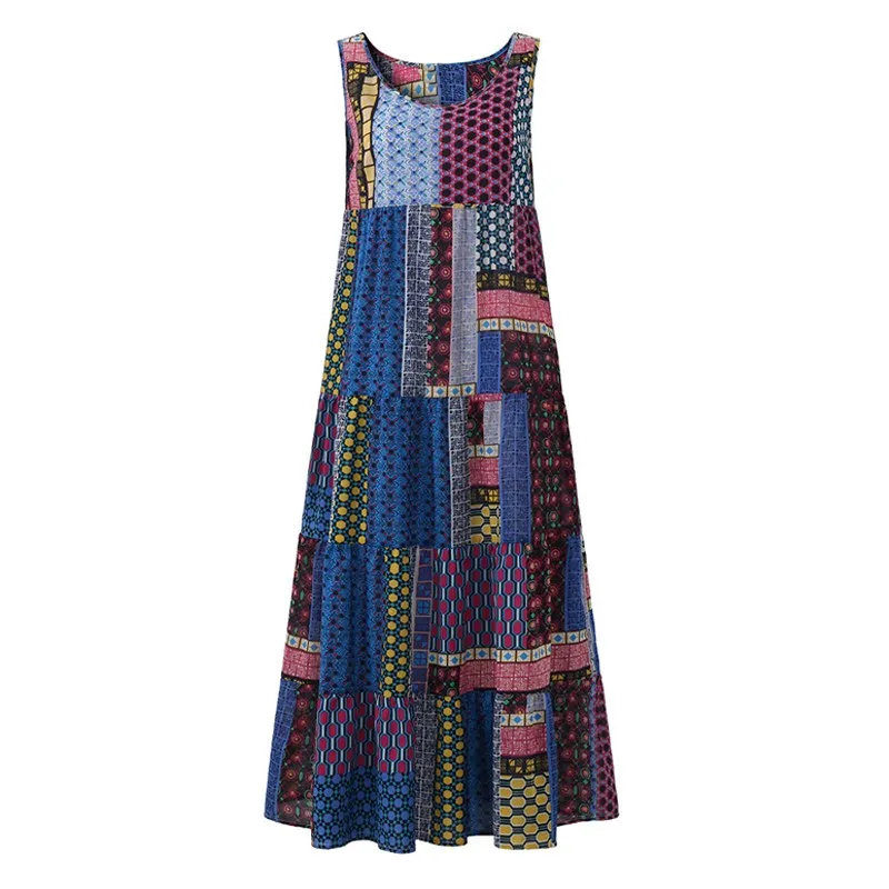 Женское летнее длинное пляжное платье ZANZEA размера плюс 5XL, повседневное свободное платье без рукавов в стиле пэчворк с неровным принтом, богемное платье на бретелях - Цвет: Blue