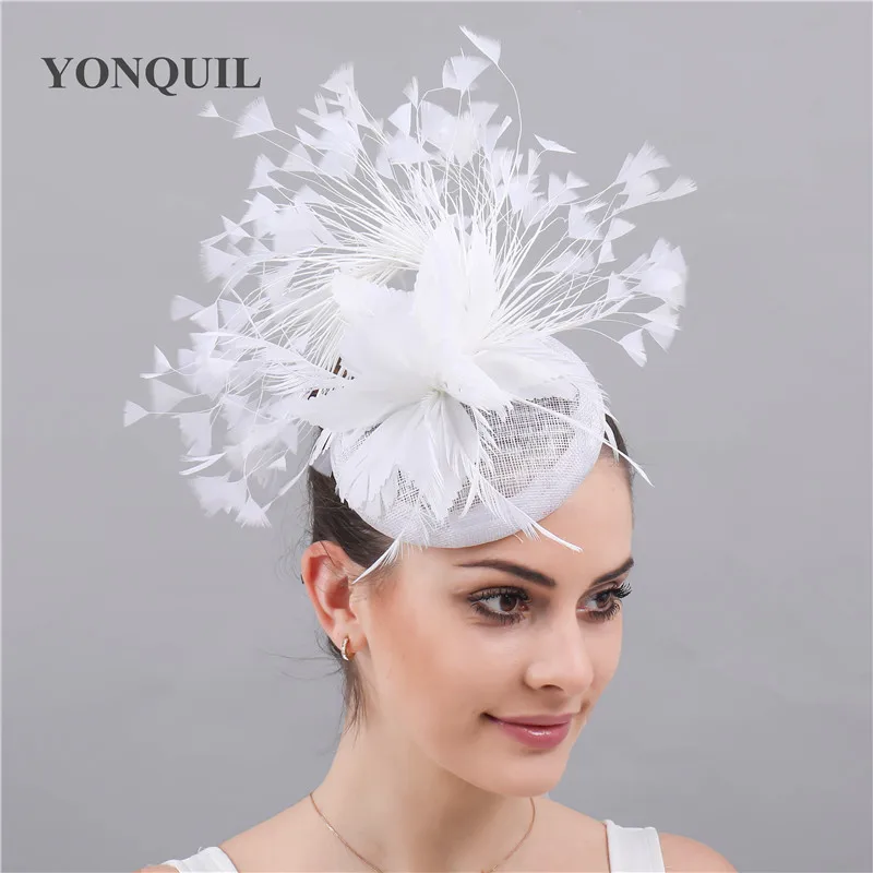 

White Fashion Sinamay Headbands Fascinator Hats Bridal Women Fancy Long Feather Decoration Chapeau Caps Wedding Race Headdress