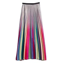 Женская длинная юбка, летние юбки, Весенняя Роскошная Радужная полосатая плиссированная юбка с высокой талией, блестящие платья