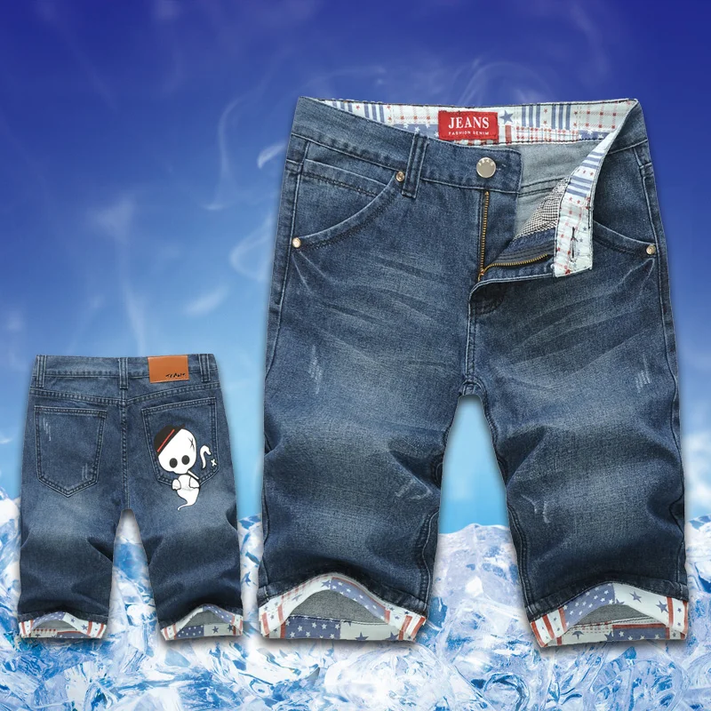 

Summer male slim denim shorts men's personalized print capris trend knee-length pants n853-p45
