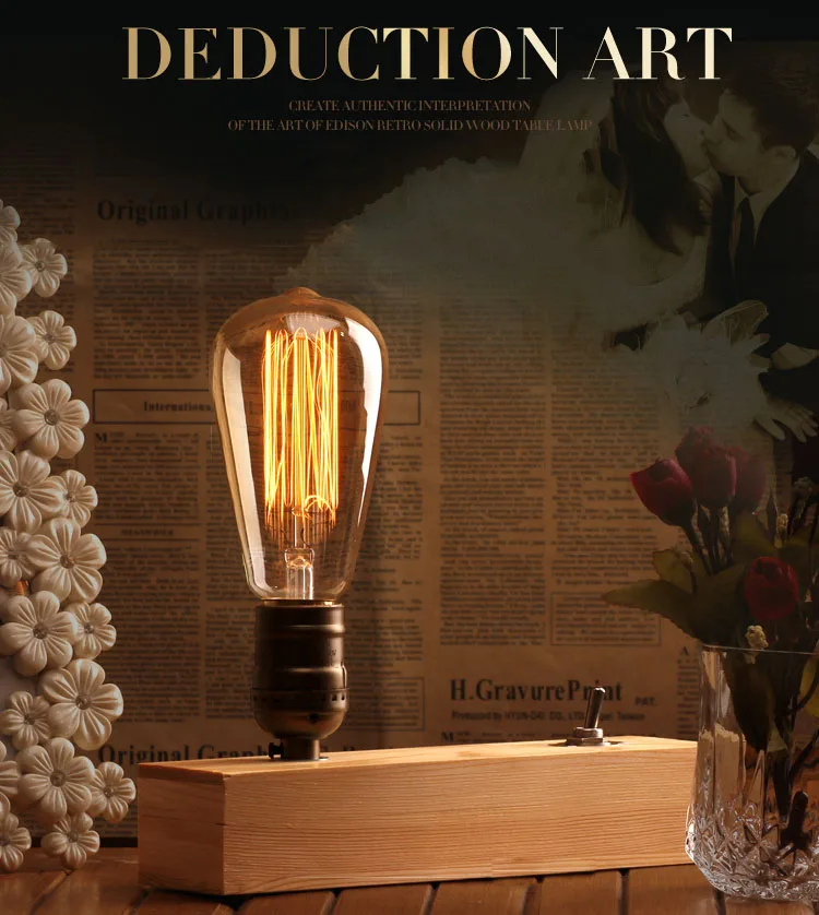 Edison industrial retro style bulbs decorative table lamp for bedroom coffee room wooden holder