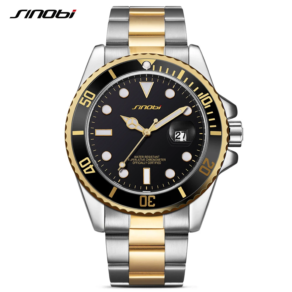 SINOBI Mens Watches Top Brand Luxury High Quality Solid steel belt Mans Sport Submariner series Watches Golden relogio masculino
