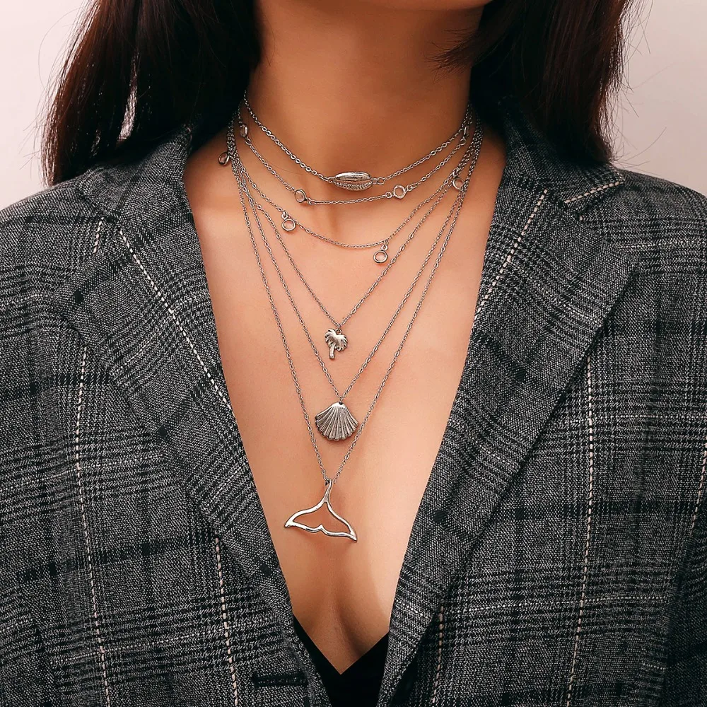 

Ingemark Bohemian Multilayer Alloy Shell Choker Necklaces Hollow Out Fishtail Coconut Tree Pendant Necklace for Women Jewelry