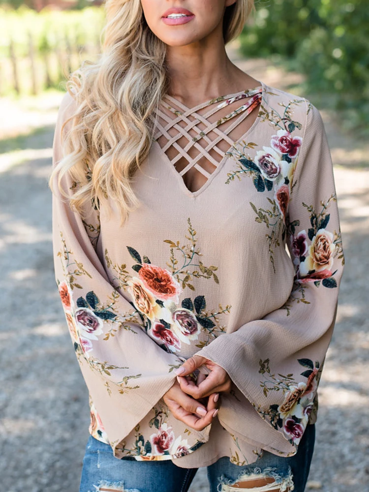 

Women Summer 2019 V-Neck Fashion Shirts Floral Print Hollow Out Flare Sleeve Blouse