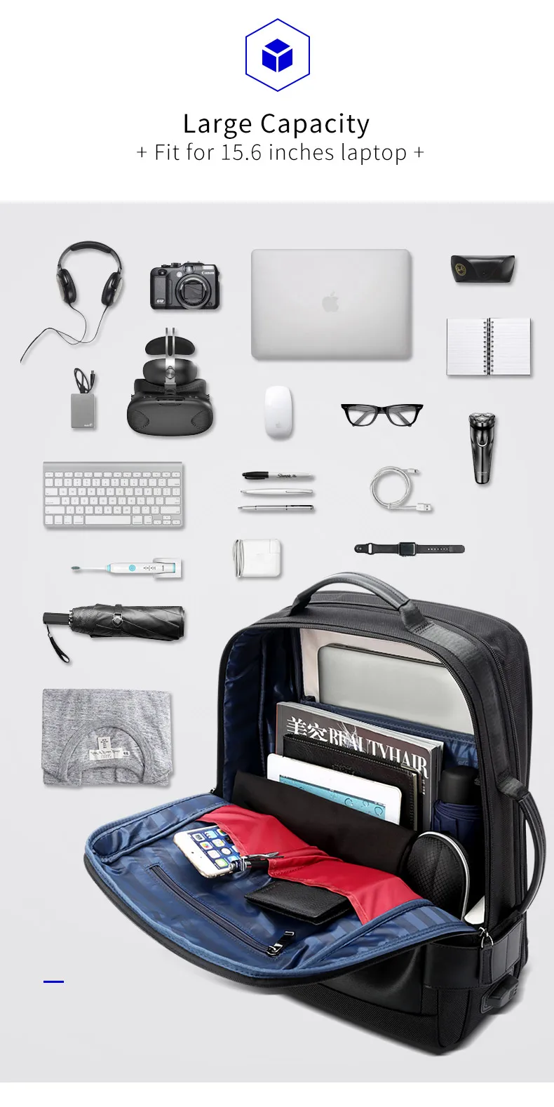 BOPAI, размер, Расширенный Рюкзак, мужской рюкзак для ноутбука, 15,6 дюймов, водоотталкивающий, мужской рюкзак, школьная сумка, USB зарядка, рюкзак