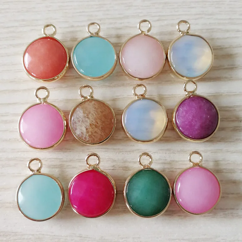 

2018 Fashion Mixed Natural Stone Pendants Quartz Crystal gold rim Connector for jewelry making 12pcs/lot Wholesale free shipping