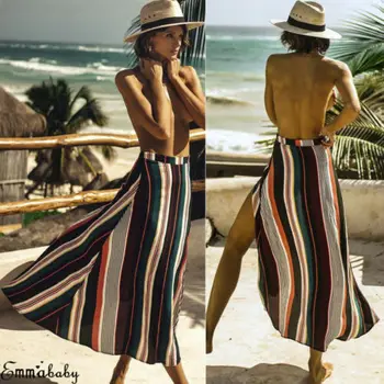 

Women Boho Elastic Waist Striped Skirt Maxi Summer Beach Long Casual Skirt 2019 Women's Europe and America Sling Sexy Hot Sale
