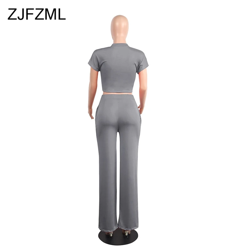 ZJFZML Повседневное из двух частей костюм Для женщин с круглым вырезом короткий рукав укороченный топ+ карманы длинные широкие штанины Летняя одежда 2 предмета Комплект