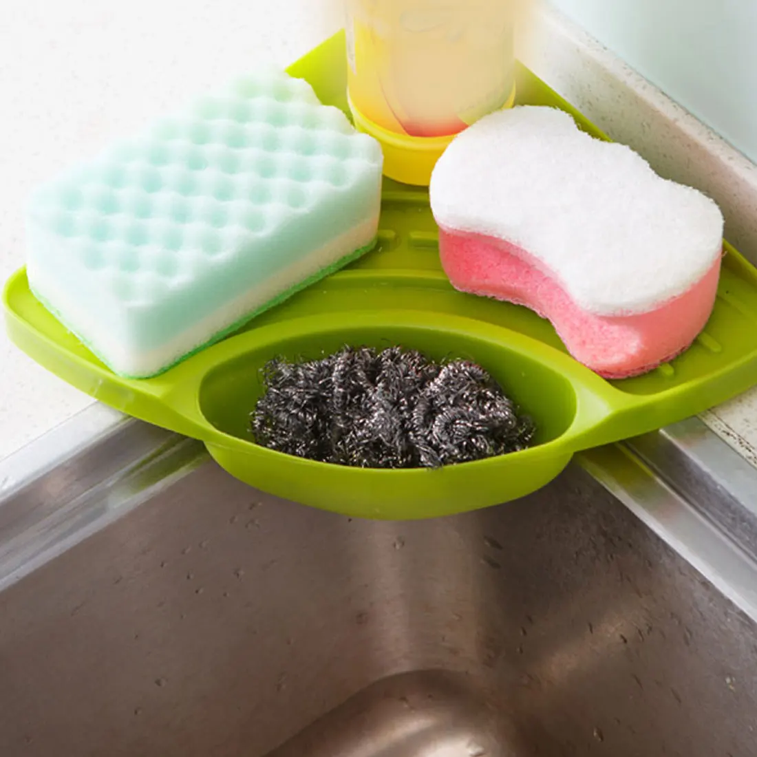 Kitchen Sink Corner Storage Rack Sponge Holder Wall Mounted Tray Kitchen Organizer Shelf