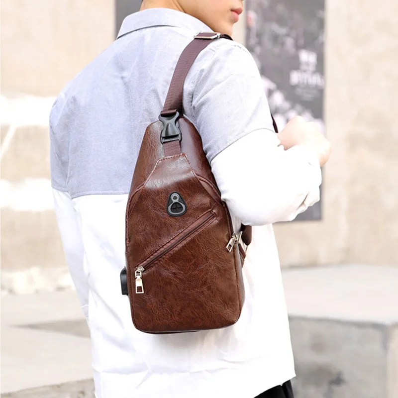 

Men Solid Color Waterproof Chest Bag with USB Charging Port Adjustable Straps Popular
