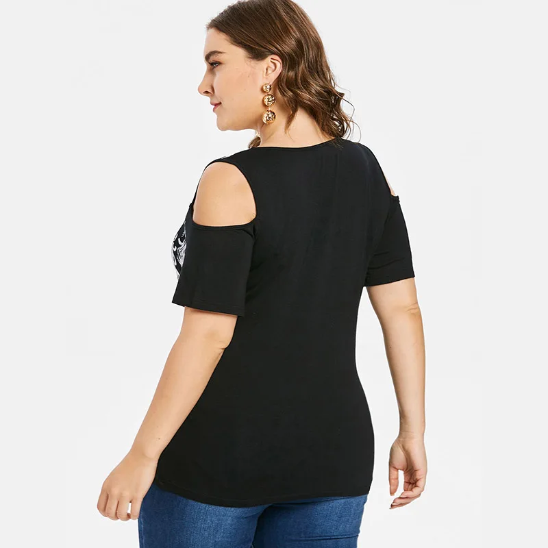 PlusMiss Plus Size 5XL 4XL Black Cold Shoulder Lace Up Tunic Tops Tee Punk Rock Feather Print T-shirt Women Big Size T Shirts PlusMiss Plus Size 5XL 4XL Black Cold Shoulder Lace Up Tunic Tops Tee Punk Rock Feather Print T-shirt Women Big Size T Shirts