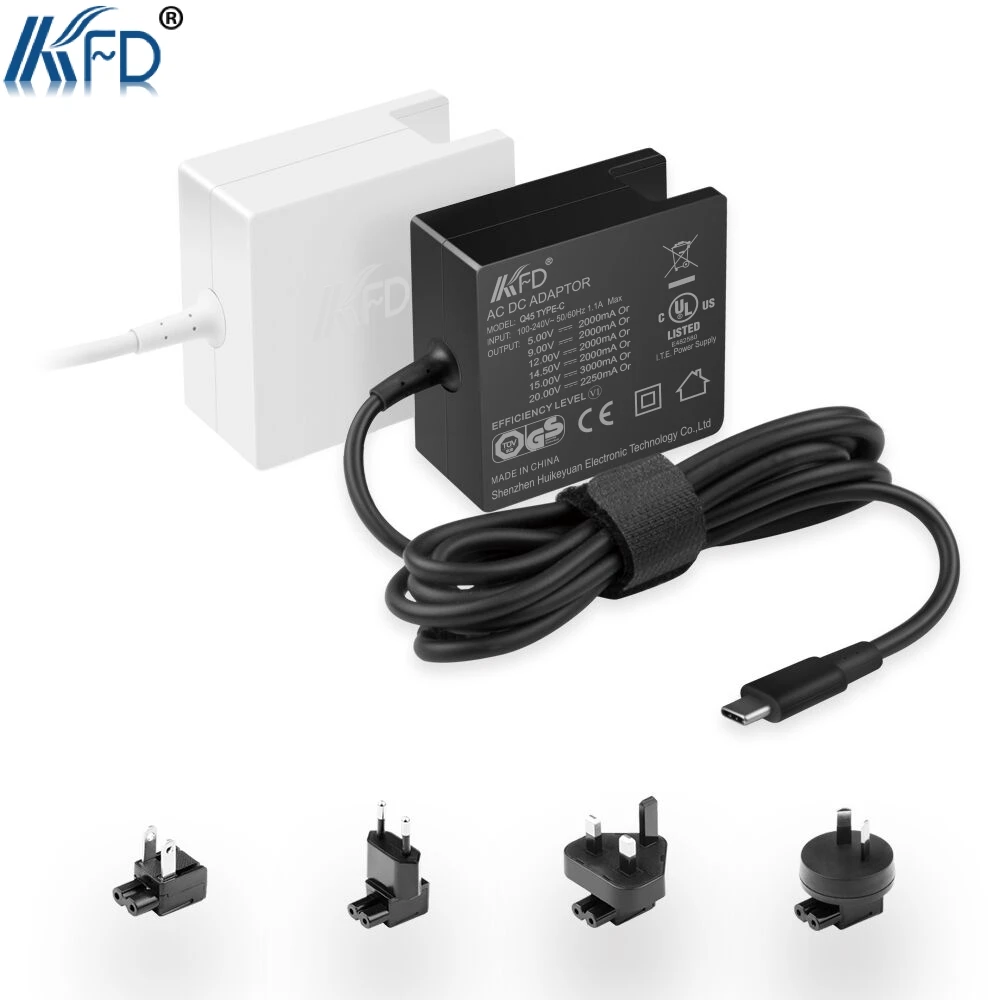 KFD 5V/9V/12V/14.5V/15V/20V 45W USB C AC Adapter for Xiaomi air Macbook Dell XPS13 Spectre X2