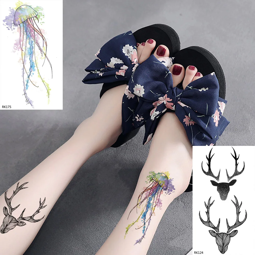 

OMMGO Watercolor Jellyfish Temporary Tattoos Stickers Women Men Black Fake Tatoos Body Art Elk Deer Arm Leg Tattoos Paper Paste