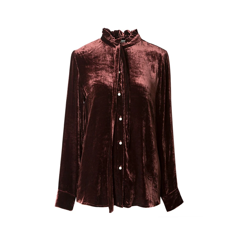 Chemise Marron Top Design Manches Blouse Velours Mode Nouvelle Bouton Soie Femmes 16 Longues Cou Solide Arc Décoration Vintage 2018 RAwpf