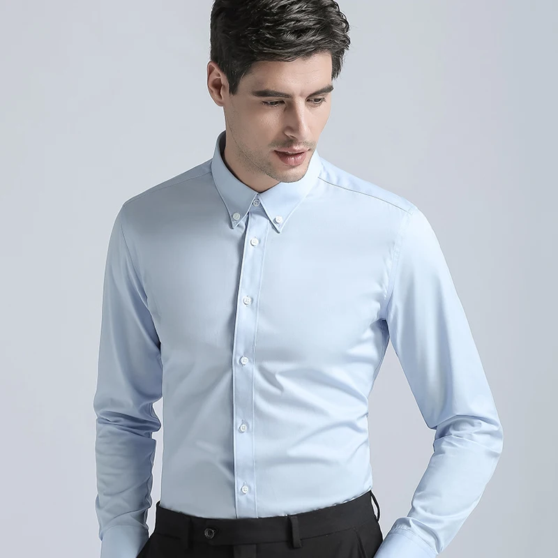 Брендовые новые мужские рубашки Формальные с пряжкой воротник хлопок смесь рубашки модные однотонные с длинным рукавом бизнес костюмы рубашки белый