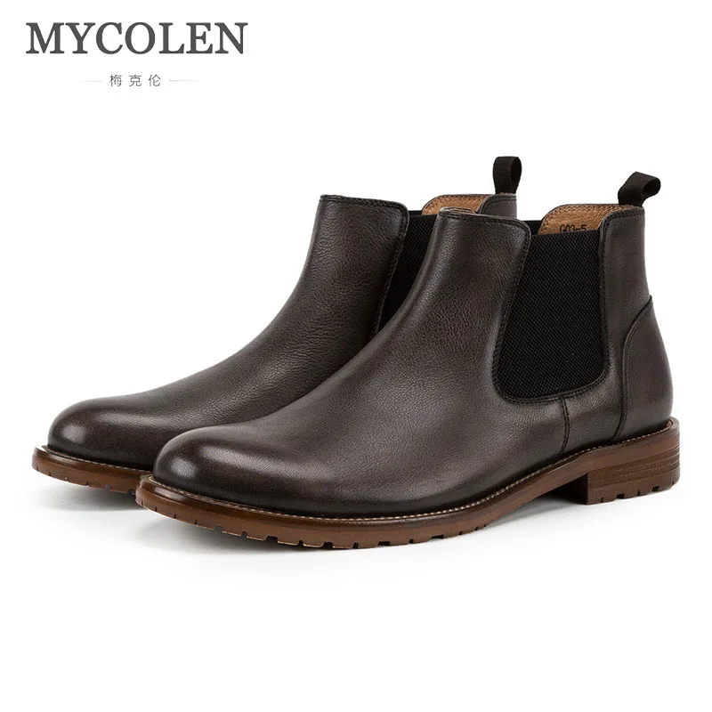 

MYCOLEN 2018 New Men Comfortable Chelsea Boots Ankle Boots Fashion Men'S Brand Leather Quality Slip Ons Motorcycle Man Warm