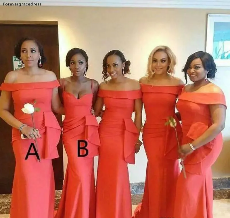African 2 Styles Mermaid Bridesmaids Dresses Off The Shoulder Spaghetti Straps Wedding Party Gowns Peplum Satin Maid Of Honor Dress Gowns 99 (2)