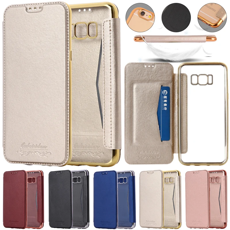 

Plated Frame Clear TPU Back + Front PU Leather Case For Samsung S6 S7 S8 S9 Plus Card Slot Flip Wallet Case For Samsung Note 8