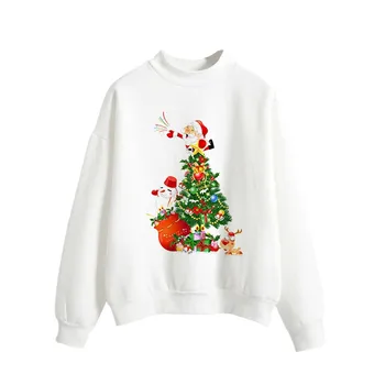 

New Christmas Printed Hoodies Sweatshirts Women Fashion Hooded Mulheres Long Sleeve Casual Korean Pullovers Sweatshirt White