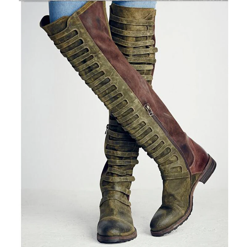 

Gorgeous Distressed Suede Women Black Forest Over The Knee Boots Italian Caged Straps Low Chunky Heel Booties Mujer Woman Shoes
