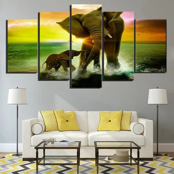 

Elephant Family Play in Water Sunset Painting Canvas Prints Living Room Wall Decor Poster Picture Canvas Wall Art Wholesale Gift